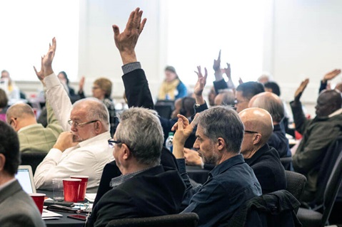 A show of hands during the board meeting of the Connectional Table held at United Methodist Discipleship Ministries in Nashville, Tenn., April 2. Photo by Kathleen Barry, UM News A show of hands during the board meeting of the Connectional Table held at United Methodist Discipleship Ministries in Nashville, Tenn., April 2. Photo by Kathleen Barry, UM News