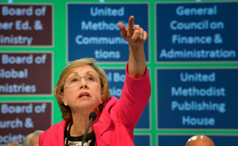 Bishop Janice Huie presides over a May 2 debate on denominational restructure at the 2012 United Methodist General Conference.