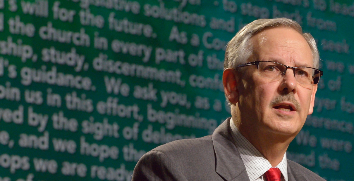 Bishop Ough announced a plan a General Conference 2016. Photo by Paul Jeffrey, United Methodist Communications.