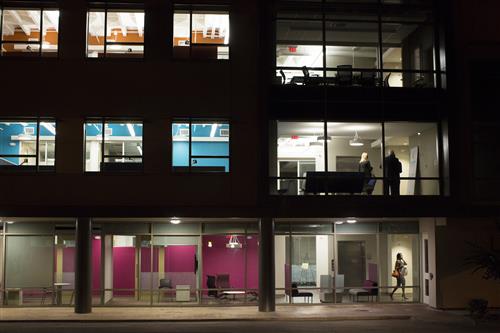 A night photo of the new wing of offices at Global Ministries in Atlanta shows off the symbolic color-coded floors. Photo by Kathleen Barry/United Methodist Communications