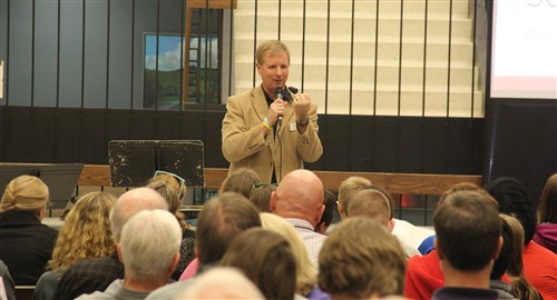 The Rev. Bill Ritter, superintendent of the Blue River District, preaches during the closing worship of the confirmation rally Feb. 14 at Nebraska Wesleyan University in Lincoln, Nebraska. Image courtesy of  the Great Plains Annual Conference.
