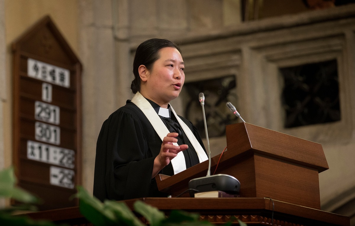 The Rev. Qianli Jiang delivers the sermon during worship at Mu’en Church in Shanghai, China. Established by Methodist missionaries in 1887, the church formerly was known as the Moore Memorial Church. Photo by Mike DuBose, UMNS