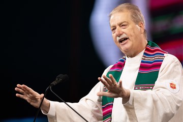Bishop Kenneth H. Carter gives the sermon during opening worship for the 2019 United Methodist General Conference in St. Louis.