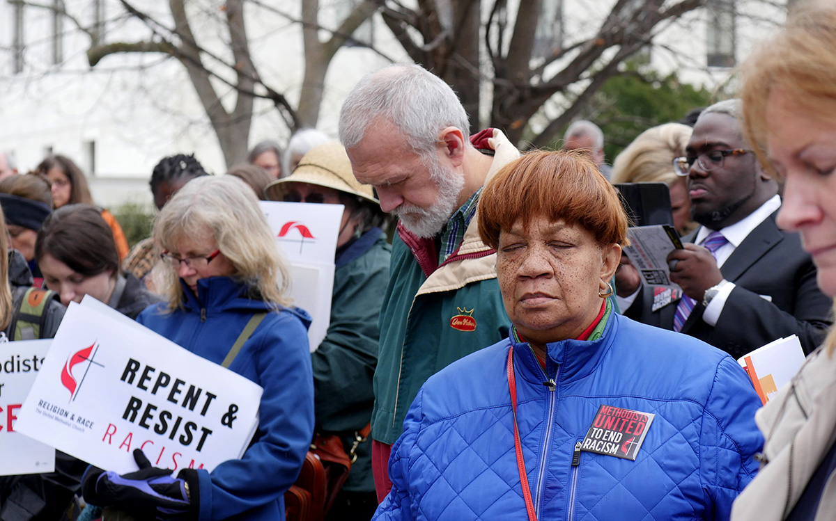 United Methodists pray before a national rally in Washington to end racism in 2018. File photo by Kathy L. Gilbert, UM News.