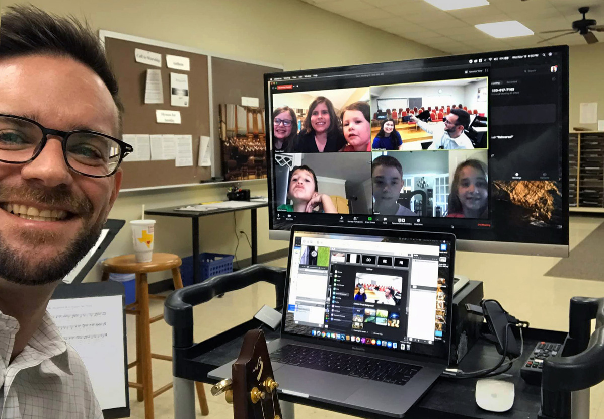 Michael Vaughn, director of music ministry at A&M United Methodist Church in College Station, Texas, has directed and edited virtual choir videos, including with his church’s children’s choir. United Methodist music ministers are coming up with creative ways to keep music going and keep choir members engaged during the COVID-19 pandemic. Photo courtesy of Michael Vaughn.