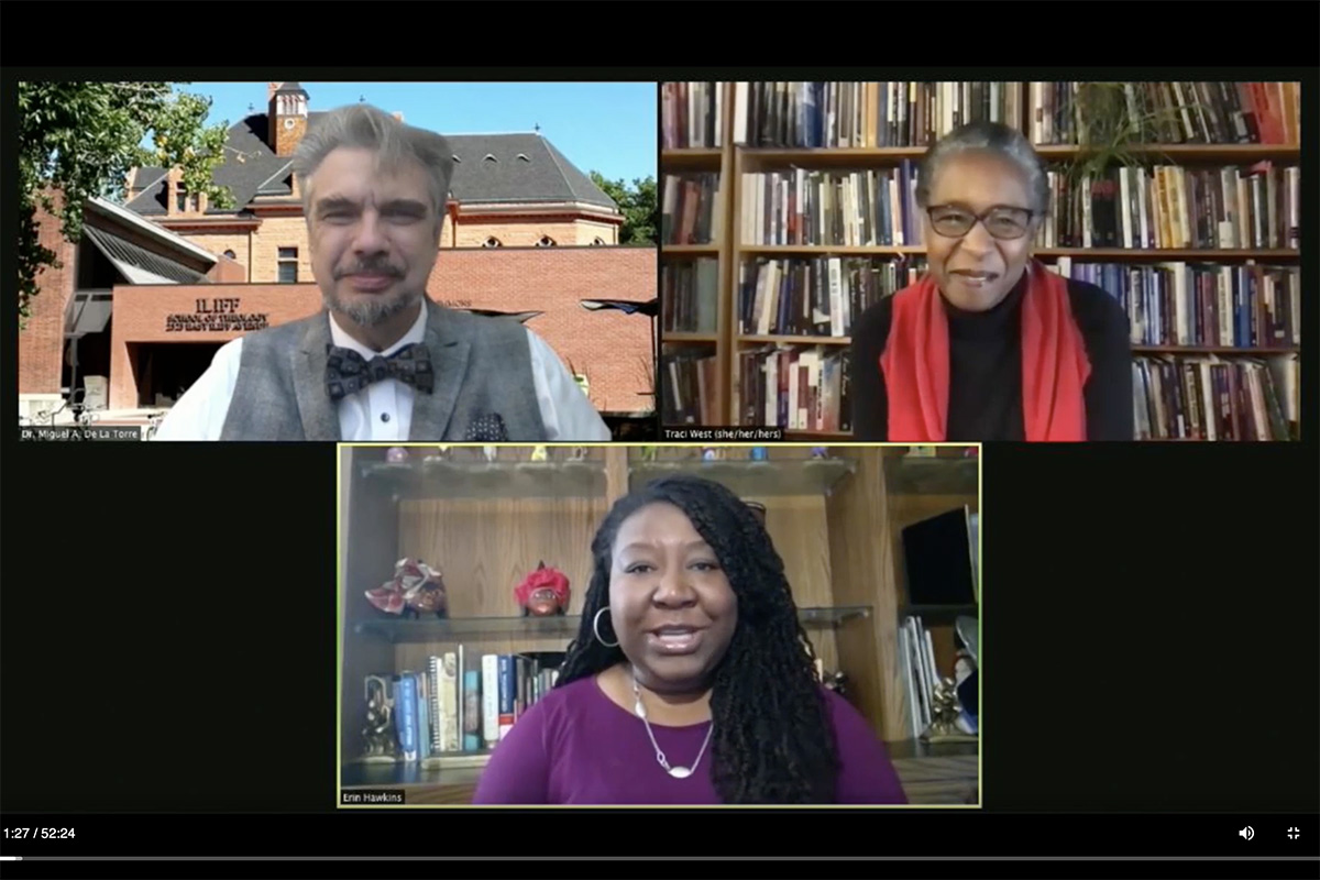 Miguel A. De La Torre (left) and the Rev. Traci C. West (right) join moderator Erin Hawkins during the latest online United Methodist panel discussion about racism. Screenshot from video by UM News.