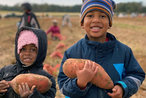 Olivia (left) and Judah Brown hold sweet potatoes at First Fruits Farm in Louisburg, N.C. Owned by their parents Jason and Tay Brown, the farm supplies produce to Society of St. Andrew, which is helping get food to needy citizens. Photo courtesy of the Browns.
