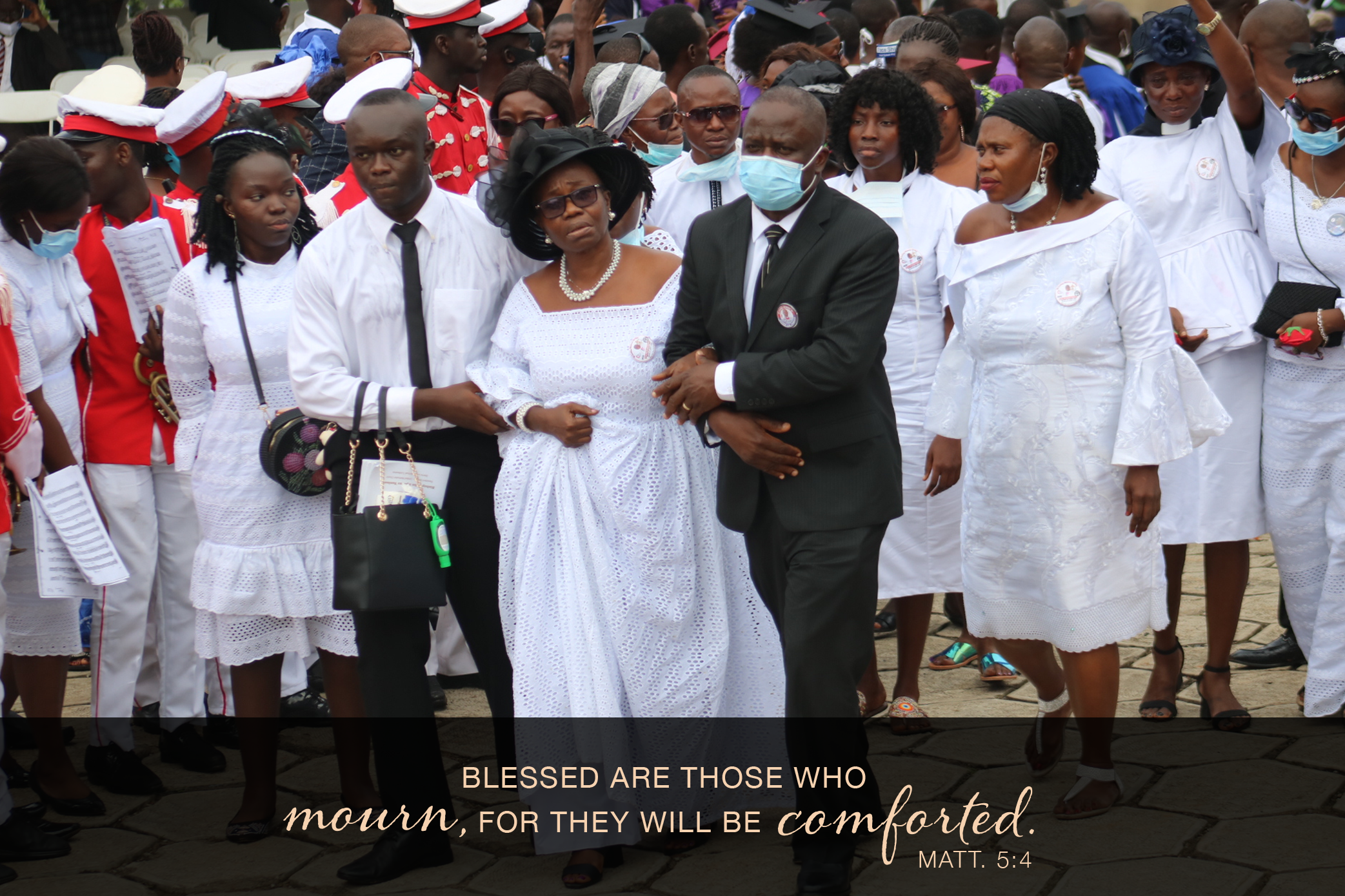 Family and friends of Bishop John K. Yambasu, (front row, from left) Elizabeth Yambasu, Emmanuel Yambasu, widow Millicent Yambasu and Alfred Lansana, arrive at the burial site on the campus of United Methodist University in Freetown, Sierra Leone, on Sept. 6. Photo by E Julu Swen, UM News. 