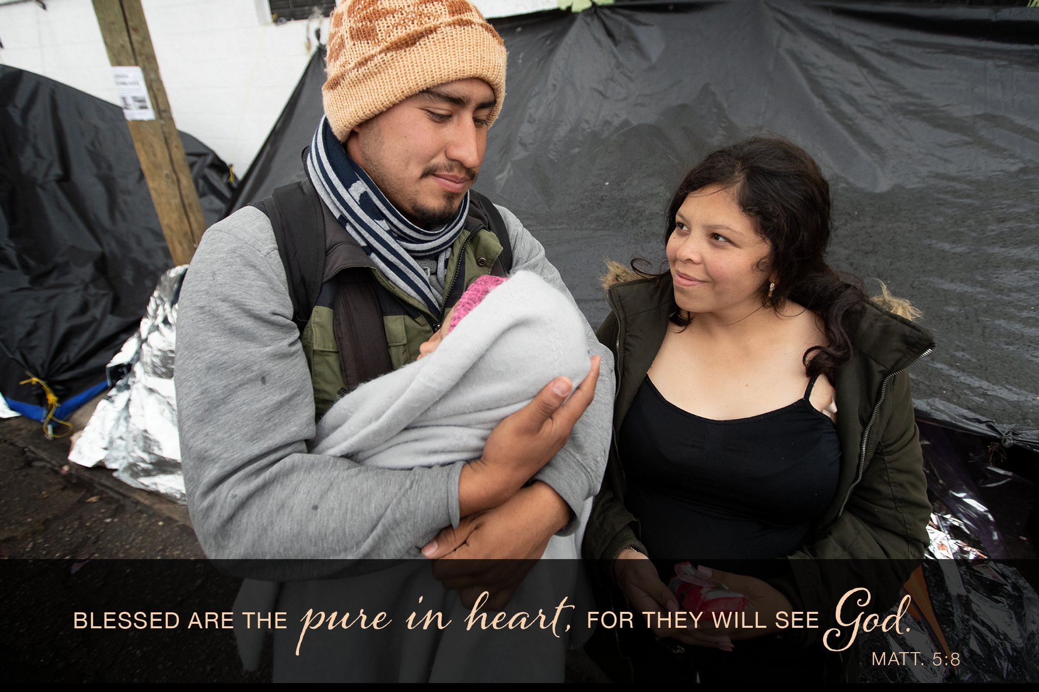 Jesús and his pregnant wife, Mariana, care for their 1-year-old daughter, Kataleya, at a tent camp in Juárez, Mexico, where they and dozens of other migrants are waiting for an appointment with U.S. immigration officials to request asylum in the U.S. The young family has been living in a two-person camping tent for two months. They are among some 16,000 asylum seekers who are stranded in Juarez following implementation of the Trump administration’s Migrant Protection Protocols, which force asylum seekers to stay in Mexico while they wait for their immigration proceedings. Photo by Mike DuBose, UM News.	