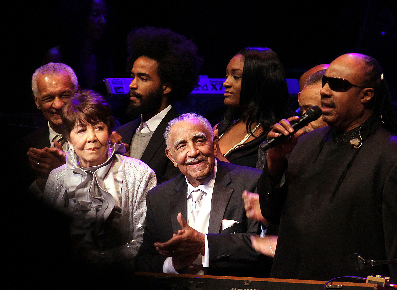 The Rev. Dr. Joseph E. Lowery's Ninety Years Birthday Celebration at the Atlanta Symphony Hall, October 9, 2011 included a birthday song by Stevie Wonder. Next to Rev. Lowery is his wife of 60 years, Evelyn Lowery. A UMNS photo by Kathleen Barry.