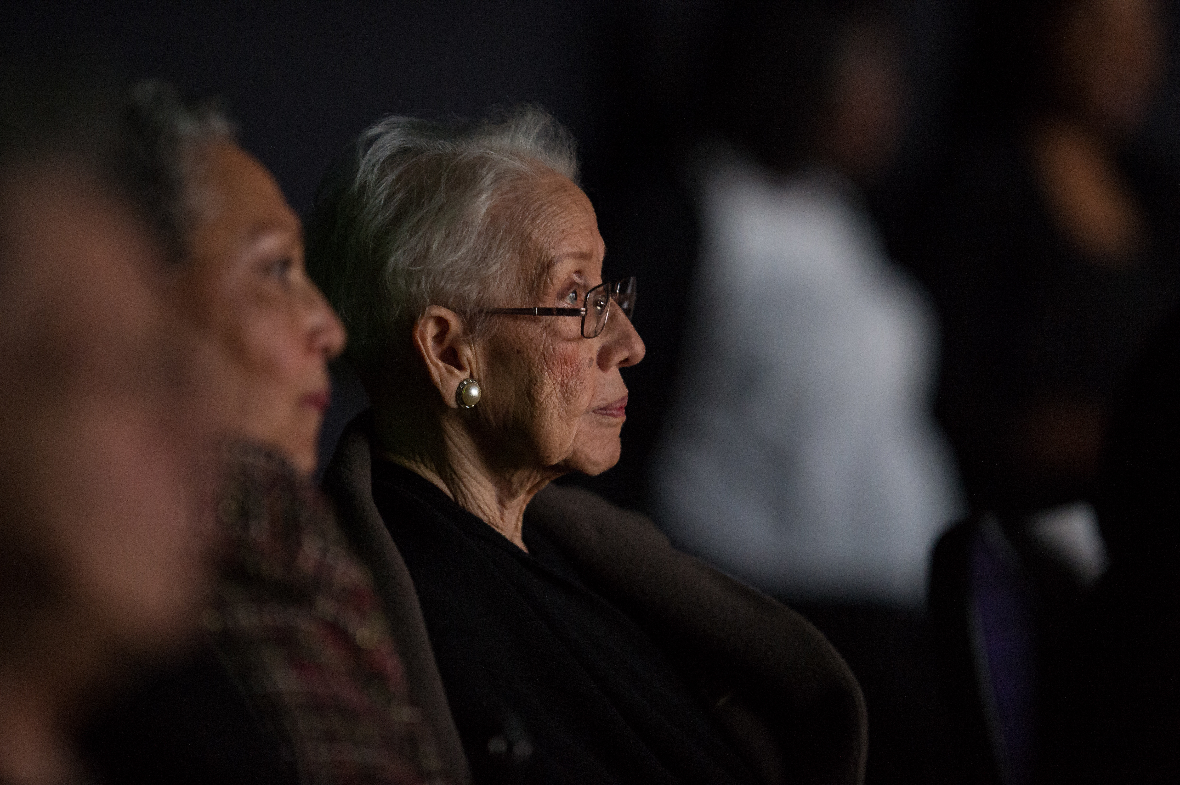 NASA "human computer" Katherine Johnson watches the premiere of "Hidden Figures" after a reception where she was honored along with other members of the segregated West Area Computers division of Langley Research Center, on Thursday, Dec. 1, 2016, at the Virginia Air and Space Center in Hampton, VA. Photo courtesy of NASA.