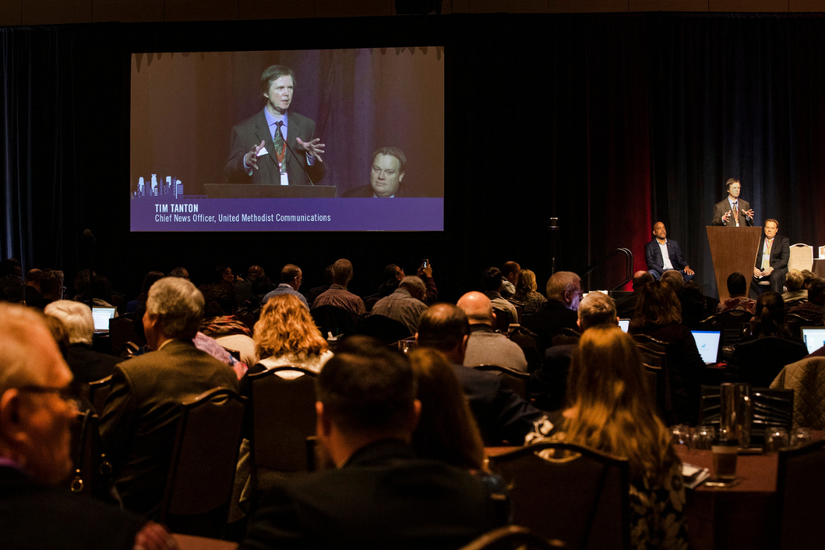 Tim Tanton, chief news officer at United Methodist Communications, gives a welcoming address at the previous in-person 2020 United Methodist Pre-General Conference Briefing held in Nashville, Tenn. (Photo by Kathleen Barry, UM News) 