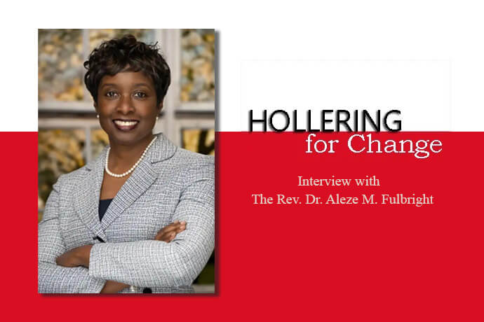 The Rev. Dr. Aleze Fulbright, the first woman of color to be elected secretary of the General Conference, is interviewed by the Rev. Dr. Tori Butler for her series, “Hollering for Change.” Photo courtesy of the Rev. Dr. Aleze Fulbright, graphic by UM News.