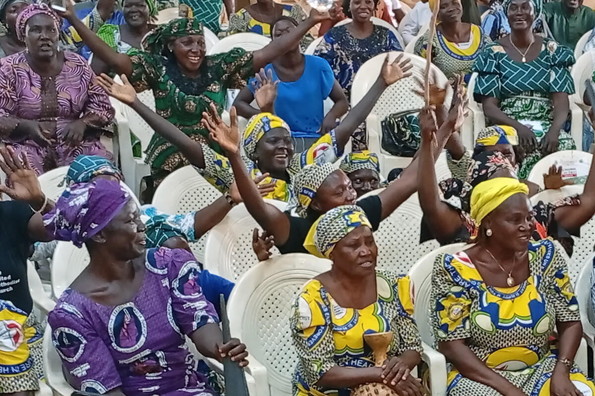 United Methodists cheer at a service recognizing newly elected Bishop Ande I. Emmanuel at the Christian Association of Nigeria Secretariat in Jalingo, Taraba State, after his election at the West Africa Central Conference in Ghana Dec. 5-8. Emmanuel has been holding listening sessions across Nigeria’s regional conferences to seek unity and hear concerns from members. Photo by Ibrahim Babangida, UM News. 